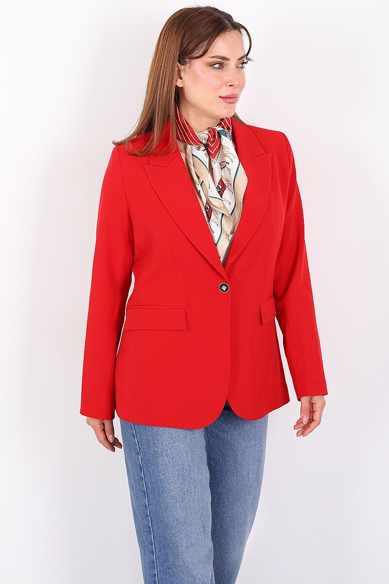Çift Cep Kapaklı Gold Düğmeli Kırmızı Kadın Blazer Ceket - 5