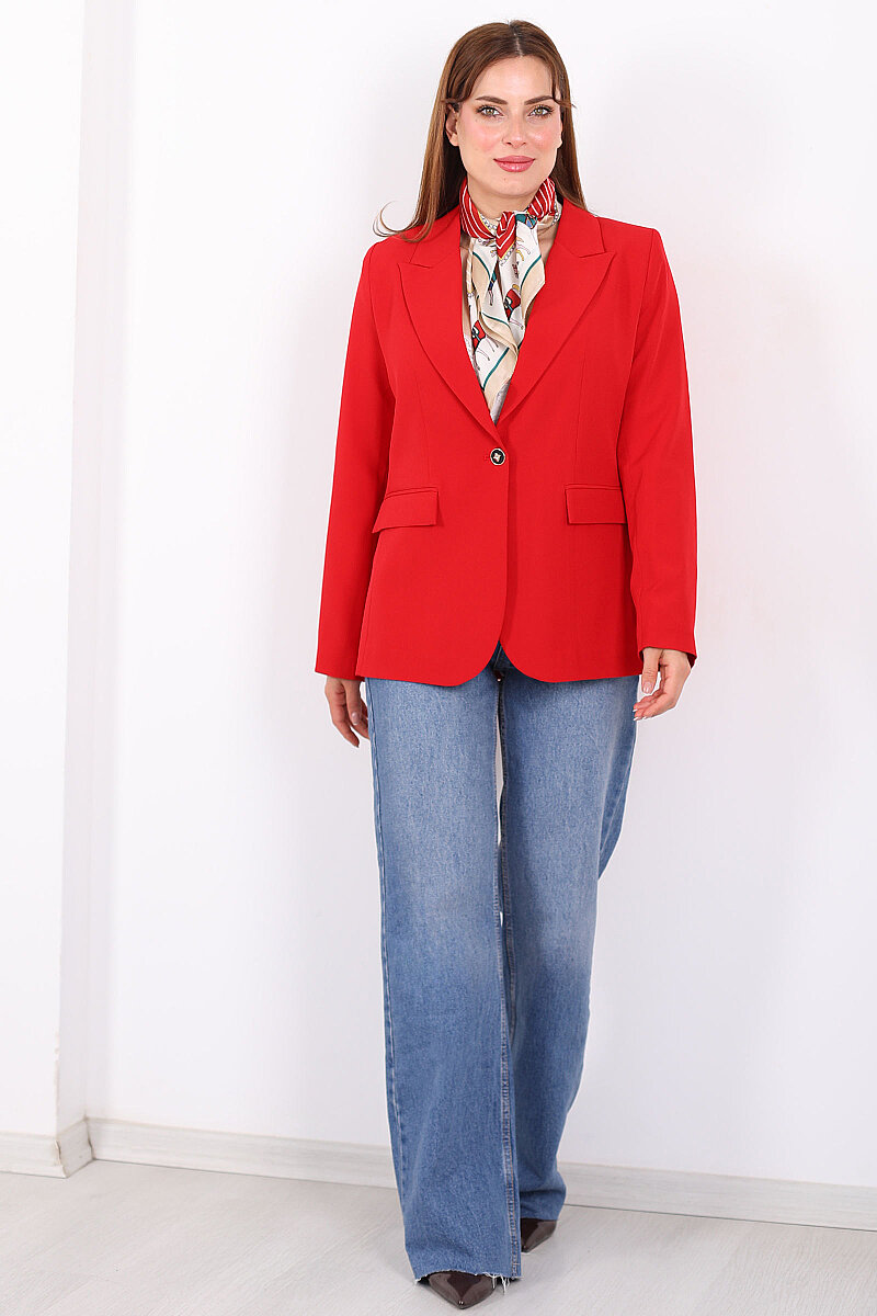 Çift Cep Kapaklı Gold Düğmeli Kırmızı Kadın Blazer Ceket - 4