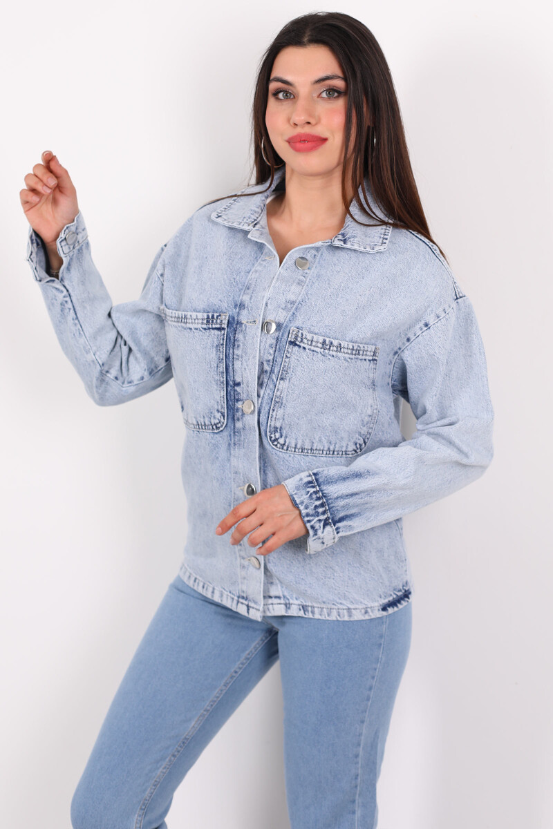Çift Cep Kapaklı Oversize Kar Yıkama Kadın Kot Ceket - 3