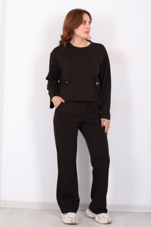 Çift Cepli Aksesuarlı Detaylı Acı Kahve Kadın Pantolon Takım - 6