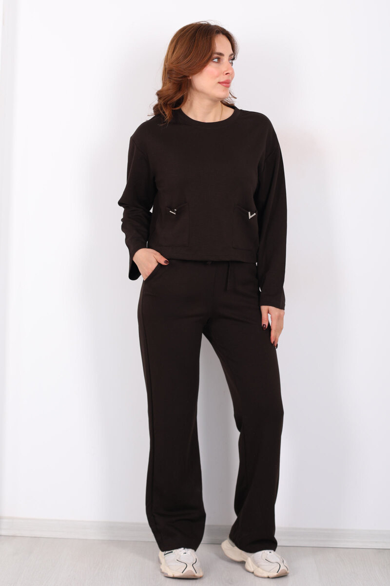 Çift Cepli Aksesuarlı Detaylı Acı Kahve Kadın Pantolon Takım - 6