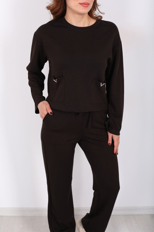 Çift Cepli Aksesuarlı Detaylı Acı Kahve Kadın Pantolon Takım - Berox (1)