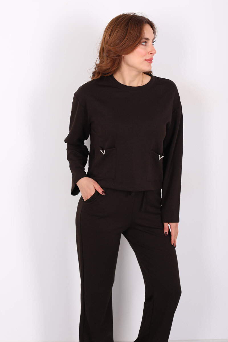 Çift Cepli Aksesuarlı Detaylı Acı Kahve Kadın Pantolon Takım - 1