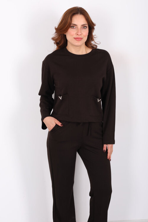 Çift Cepli Aksesuarlı Detaylı Acı Kahve Kadın Pantolon Takım - 4