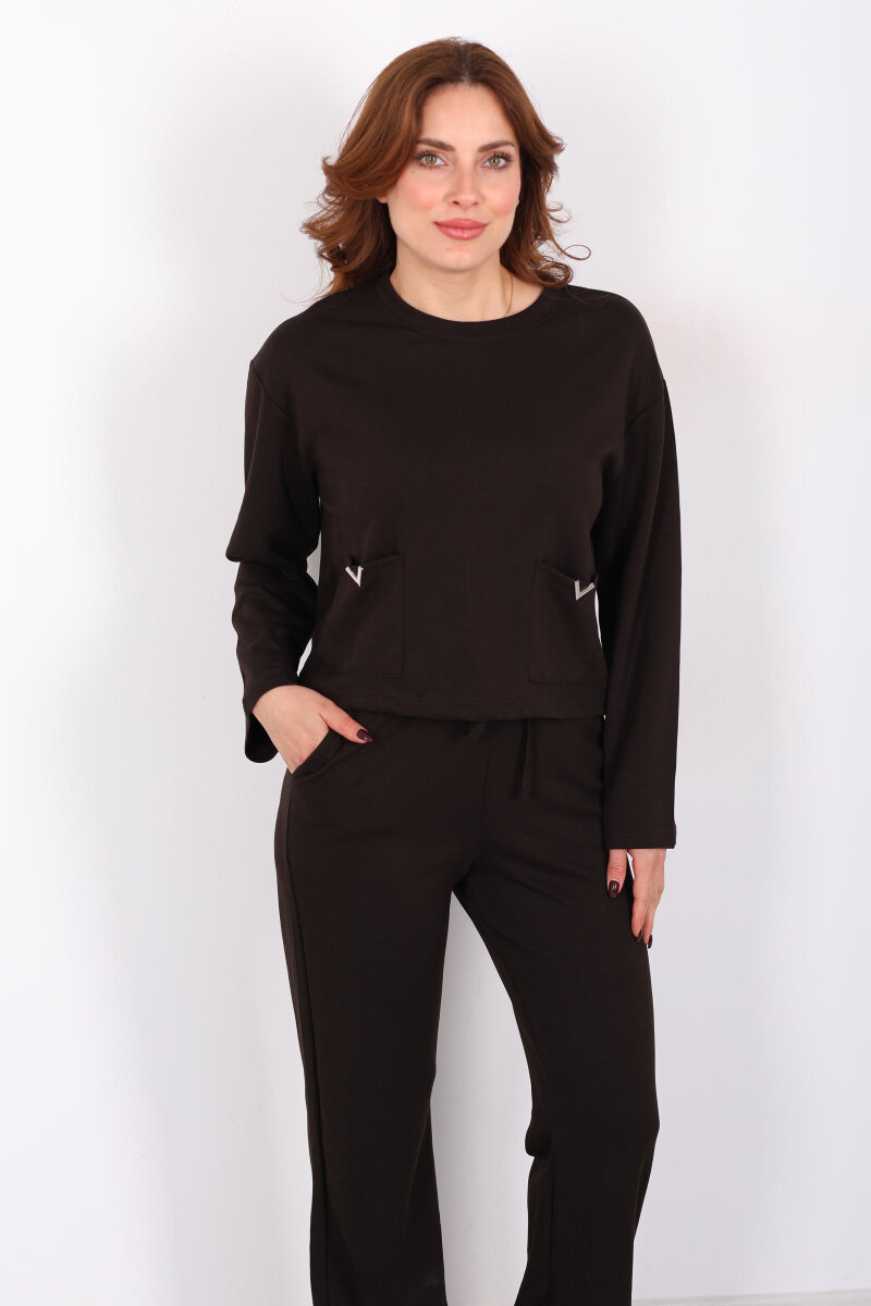 Çift Cepli Aksesuarlı Detaylı Acı Kahve Kadın Pantolon Takım - 4