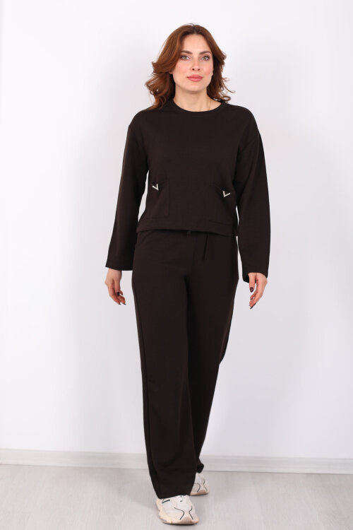 Çift Cepli Aksesuarlı Detaylı Acı Kahve Kadın Pantolon Takım - 3