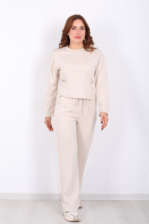 Çift Cepli Aksesuarlı Detaylı Krem Kadın Pantolon Takım - 7