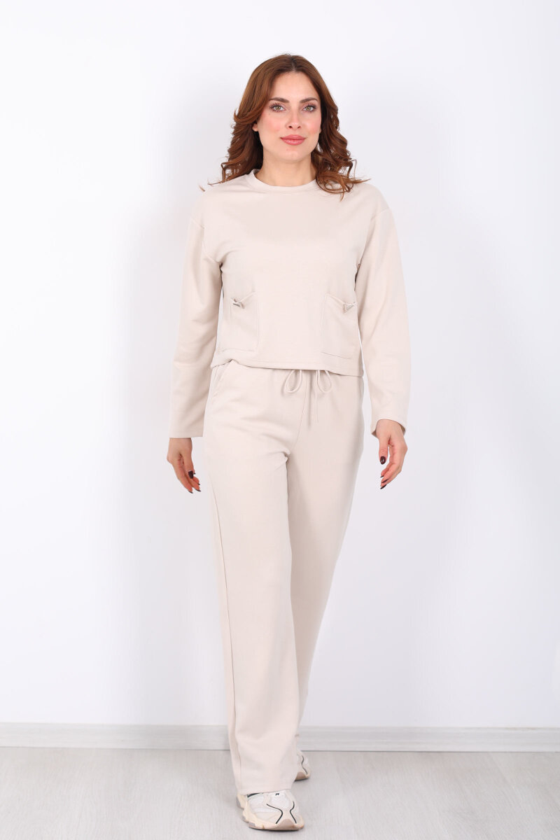 Çift Cepli Aksesuarlı Detaylı Krem Kadın Pantolon Takım - 7