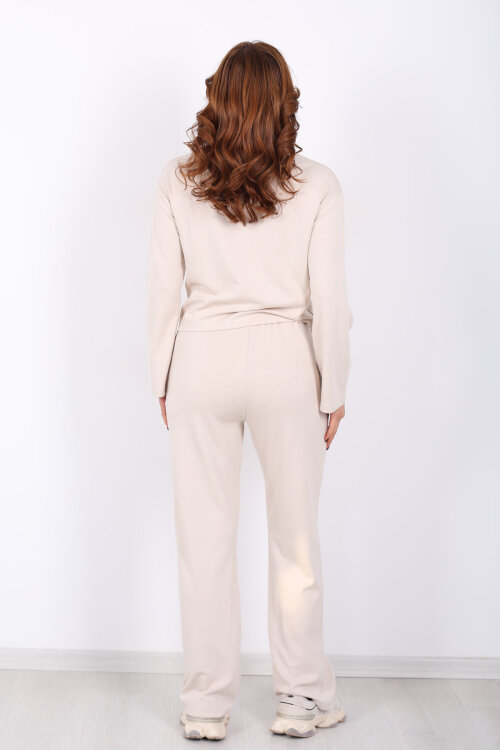 Çift Cepli Aksesuarlı Detaylı Krem Kadın Pantolon Takım - 6