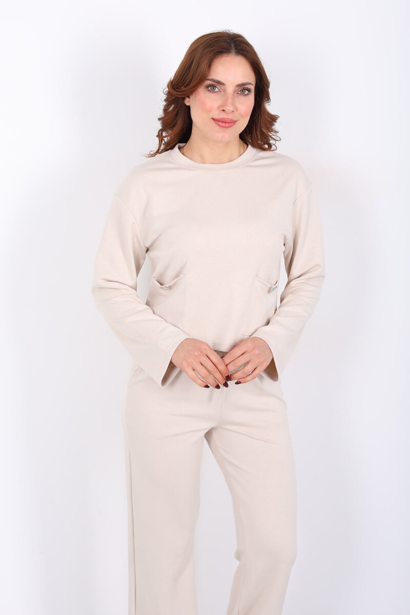 Çift Cepli Aksesuarlı Detaylı Krem Kadın Pantolon Takım - 3