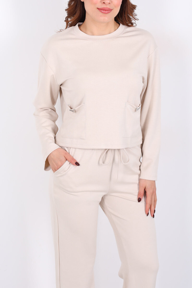 Çift Cepli Aksesuarlı Detaylı Krem Kadın Pantolon Takım - 2