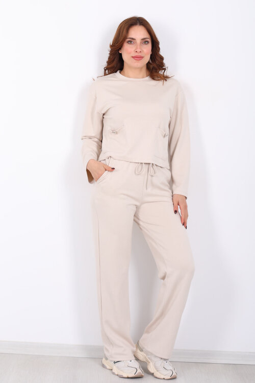 Çift Cepli Aksesuarlı Detaylı Krem Kadın Pantolon Takım - Berox