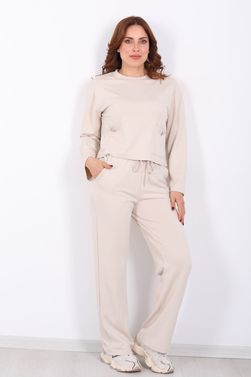 Çift Cepli Aksesuarlı Detaylı Krem Kadın Pantolon Takım - 1