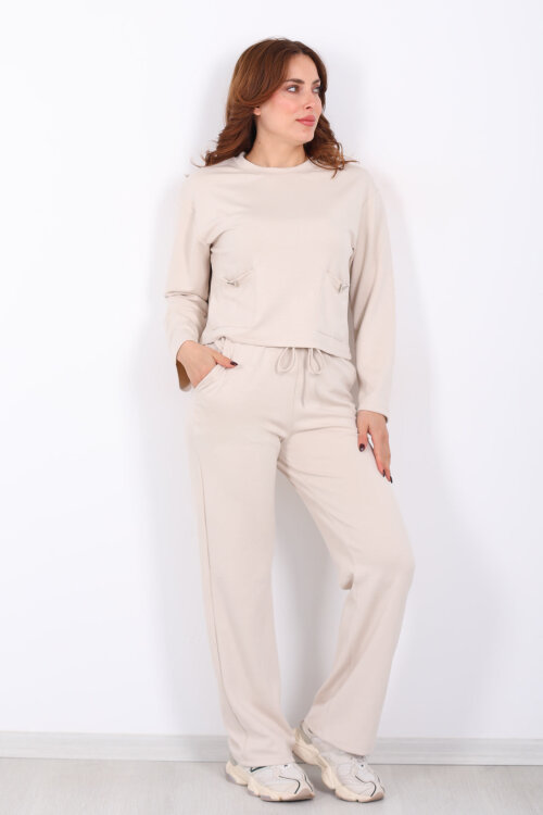 Çift Cepli Aksesuarlı Detaylı Krem Kadın Pantolon Takım - 4