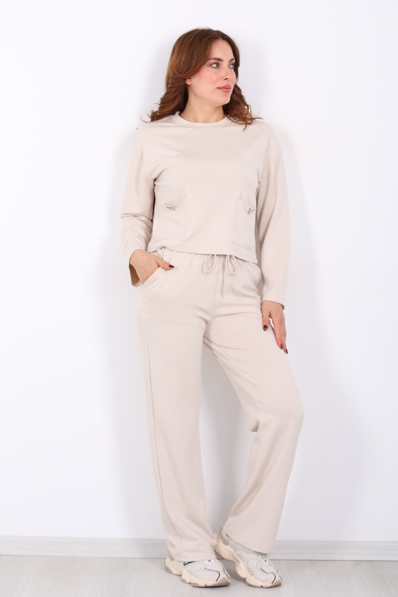 Çift Cepli Aksesuarlı Detaylı Krem Kadın Pantolon Takım - 4