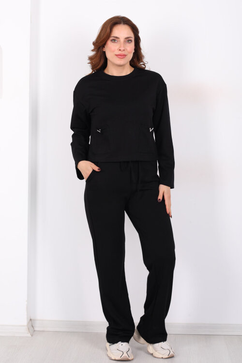 Çift Cepli Aksesuarlı Detaylı Siyah Kadın Pantolon Takım - 7