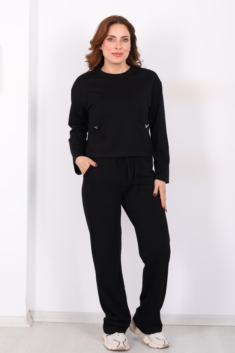 Çift Cepli Aksesuarlı Detaylı Siyah Kadın Pantolon Takım - 7