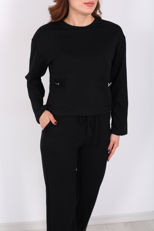 Çift Cepli Aksesuarlı Detaylı Siyah Kadın Pantolon Takım - Berox (1)