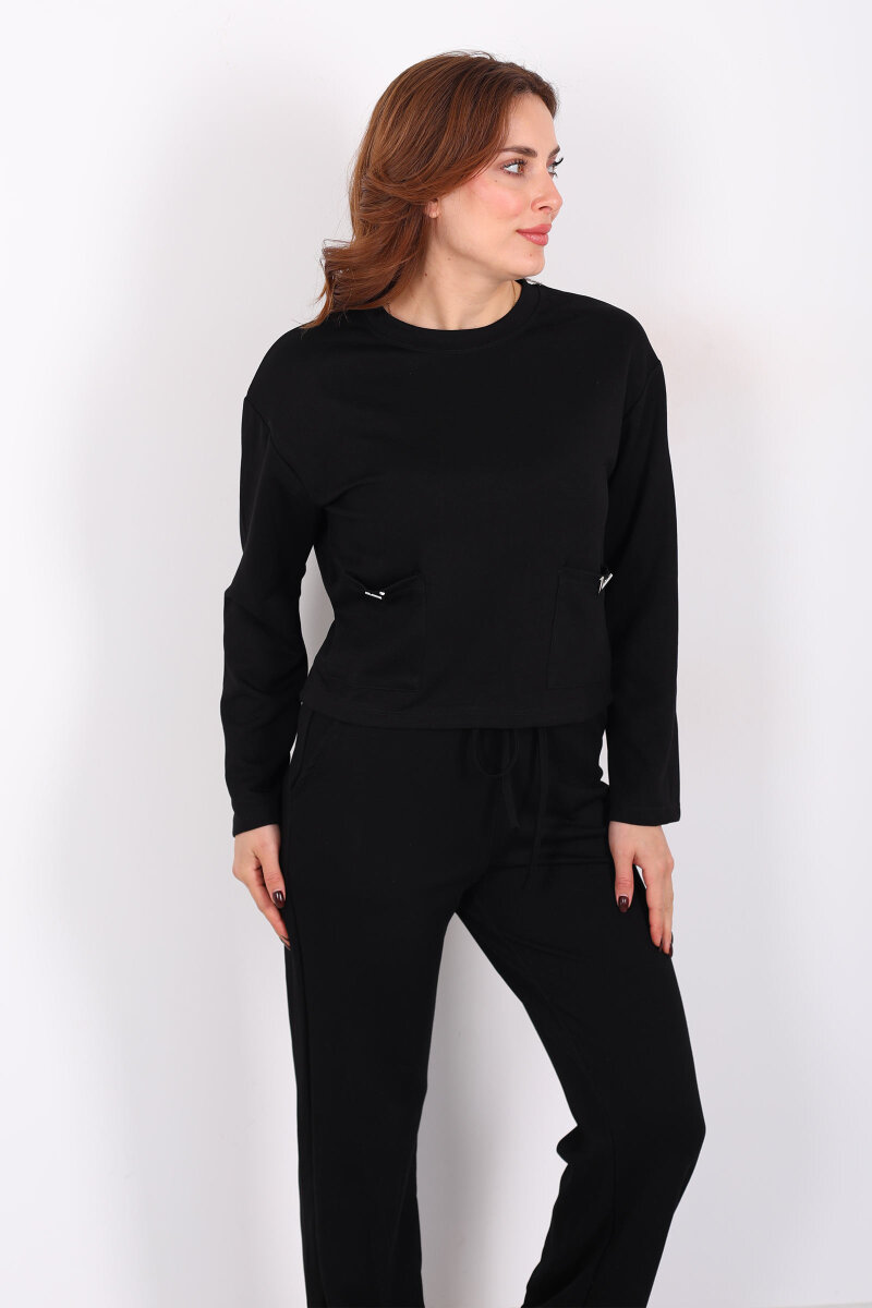 Çift Cepli Aksesuarlı Detaylı Siyah Kadın Pantolon Takım - 1