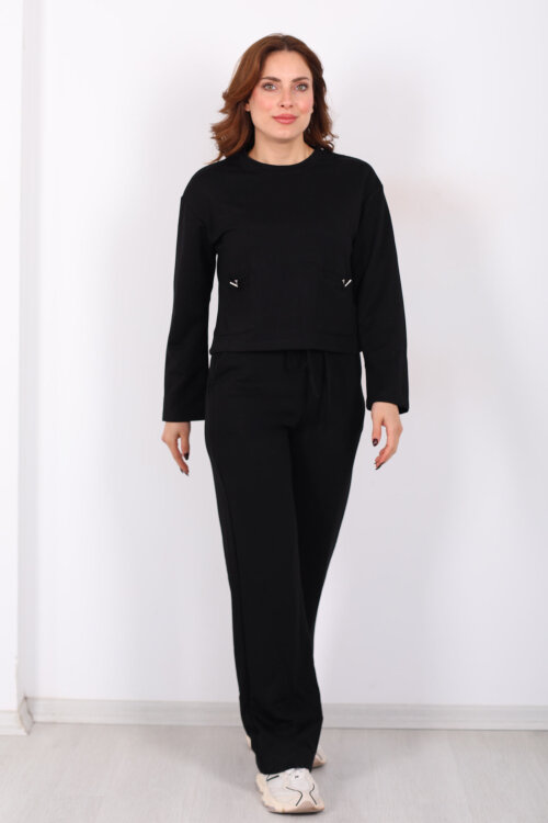 Çift Cepli Aksesuarlı Detaylı Siyah Kadın Pantolon Takım - 3