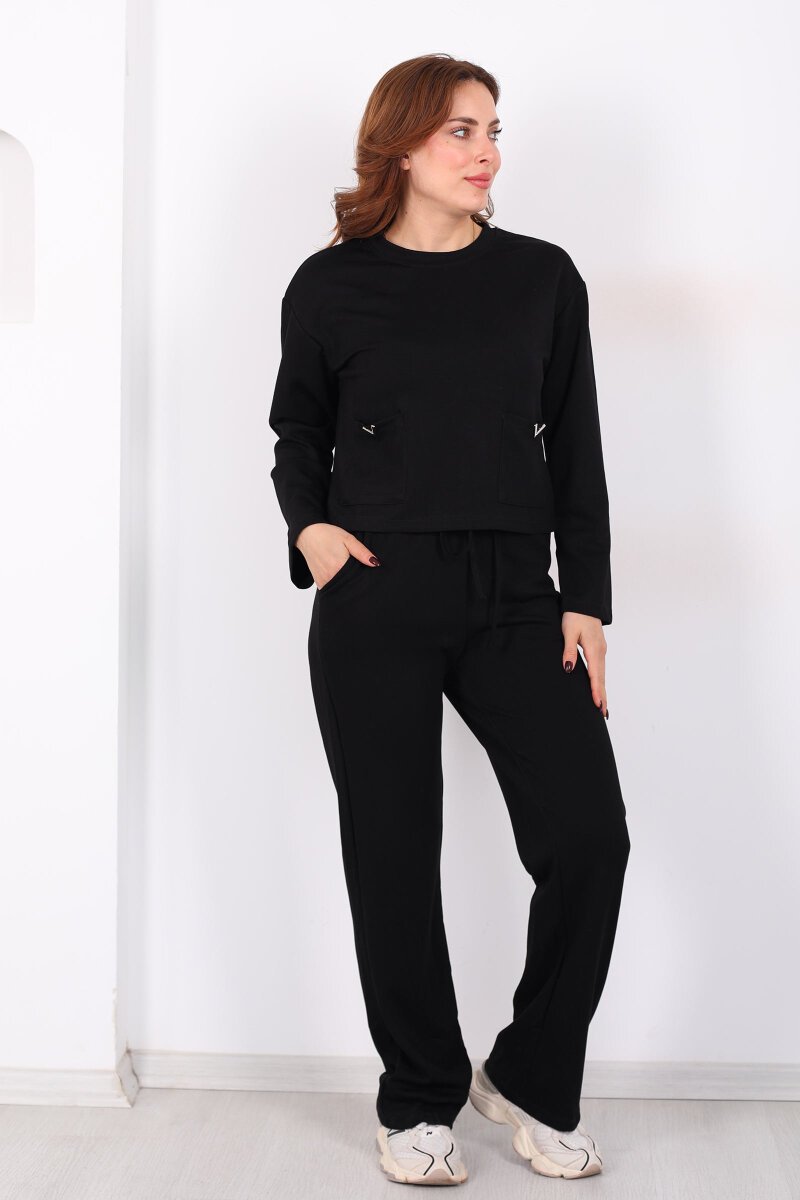 Çift Cepli Aksesuarlı Detaylı Siyah Kadın Pantolon Takım - 5