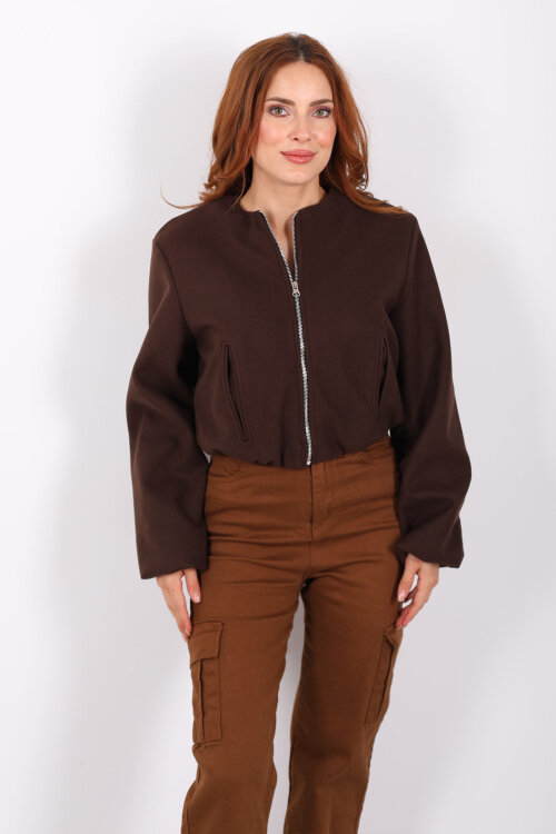 Çift Cepli Bomber Acı Kahve Kadın Kaşe Ceket - 6