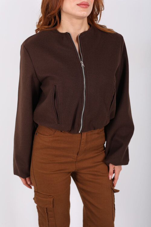 Çift Cepli Bomber Acı Kahve Kadın Kaşe Ceket - Berox (1)