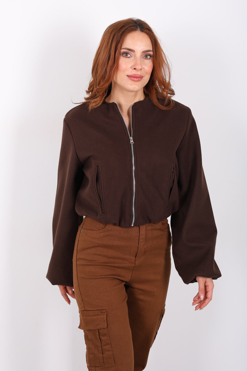 Çift Cepli Bomber Acı Kahve Kadın Kaşe Ceket - 3