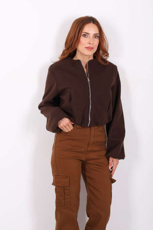 Çift Cepli Bomber Acı Kahve Kadın Kaşe Ceket - 4