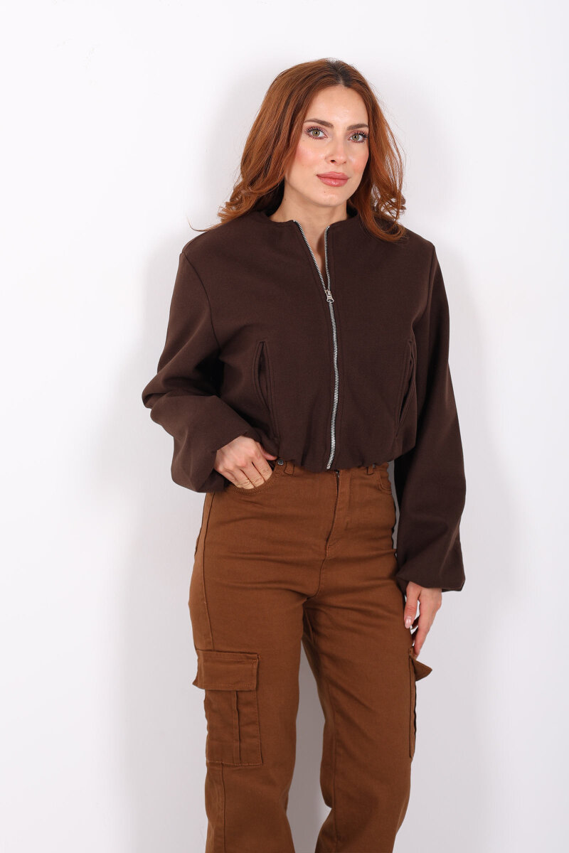 Çift Cepli Bomber Acı Kahve Kadın Kaşe Ceket - 4