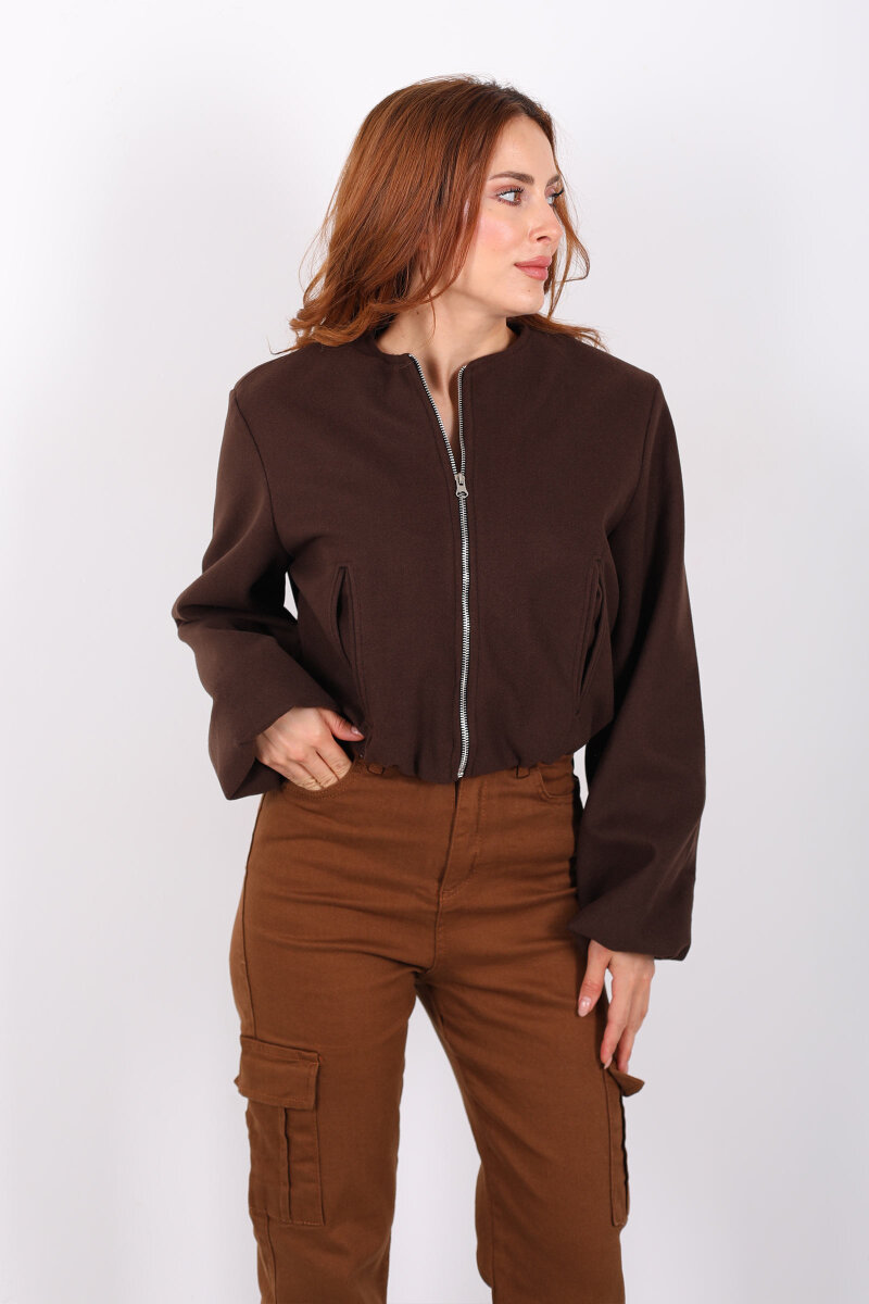Çift Cepli Bomber Acı Kahve Kadın Kaşe Ceket - 1