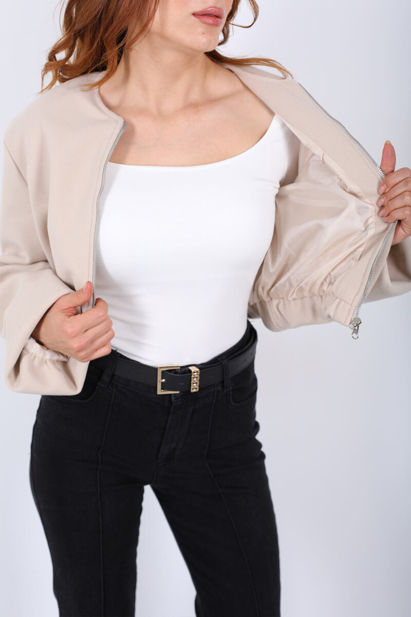 Çift Cepli Bomber Bej Kadın Kaşe Ceket - 2