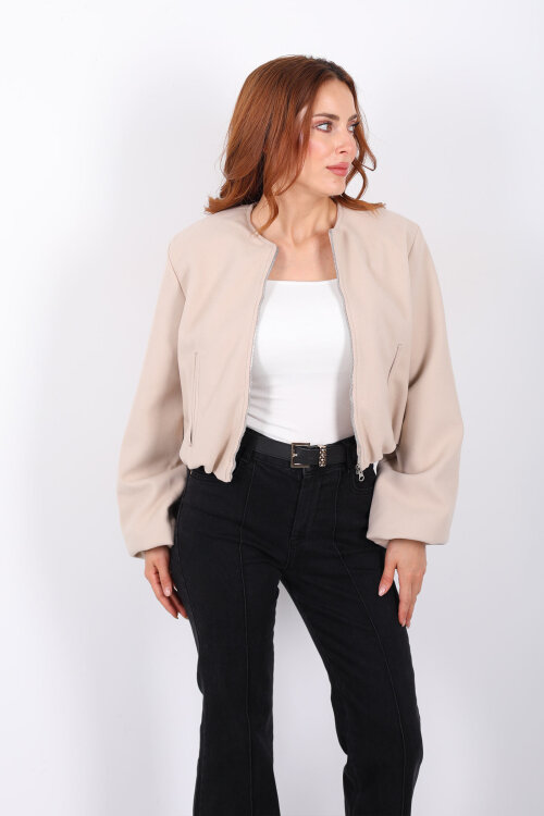 Çift Cepli Bomber Bej Kadın Kaşe Ceket - 4