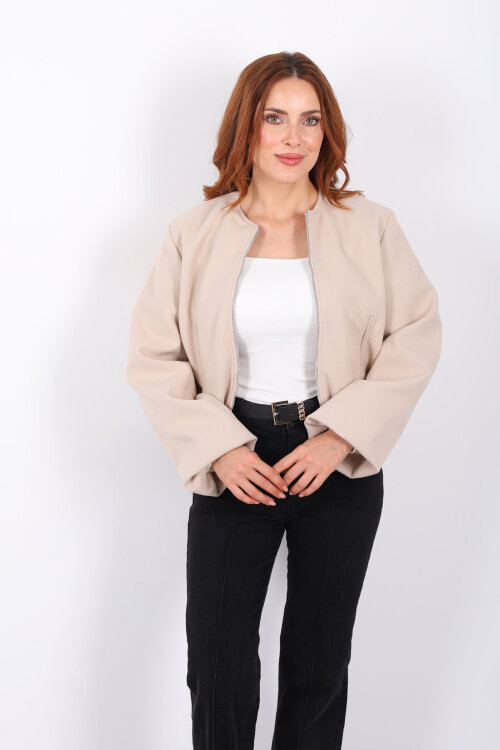 Çift Cepli Bomber Bej Kadın Kaşe Ceket - Berox