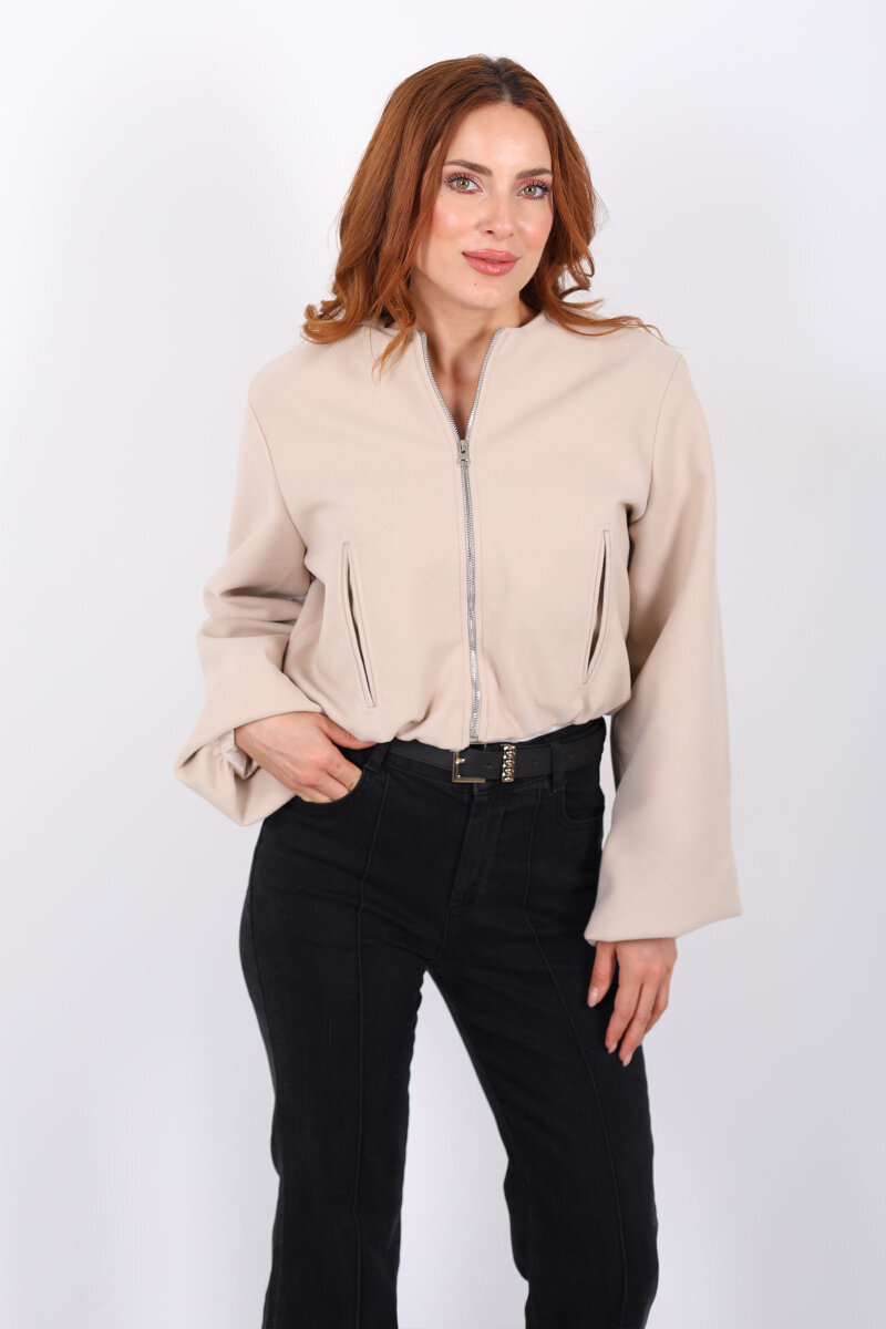 Çift Cepli Bomber Bej Kadın Kaşe Ceket - 5