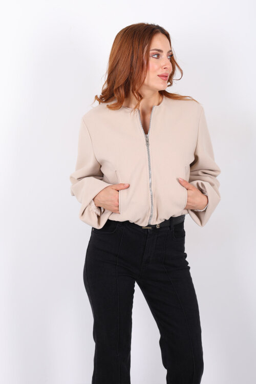 Çift Cepli Bomber Bej Kadın Kaşe Ceket - 3