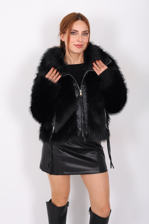 Çift Cepli Deri Garnili Siyah Kadın Lolita Mont - 3