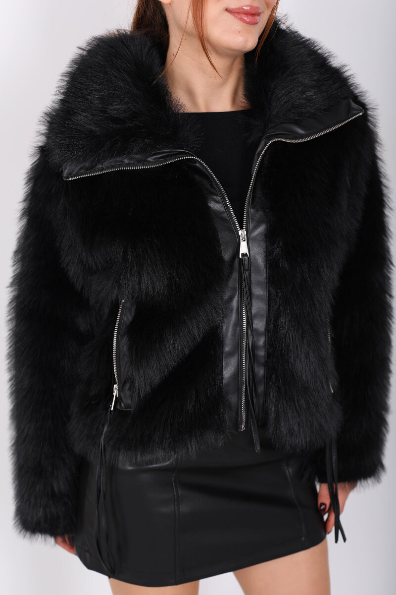 Çift Cepli Deri Garnili Siyah Kadın Lolita Mont - 2