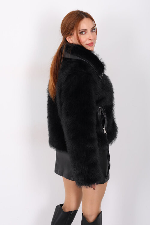 Çift Cepli Deri Garnili Siyah Kadın Lolita Mont - 4