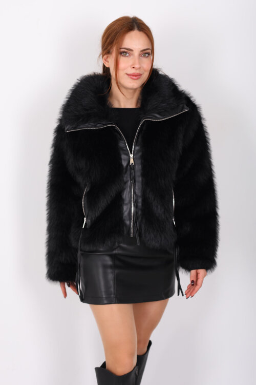 Çift Cepli Deri Garnili Siyah Kadın Lolita Mont - 5