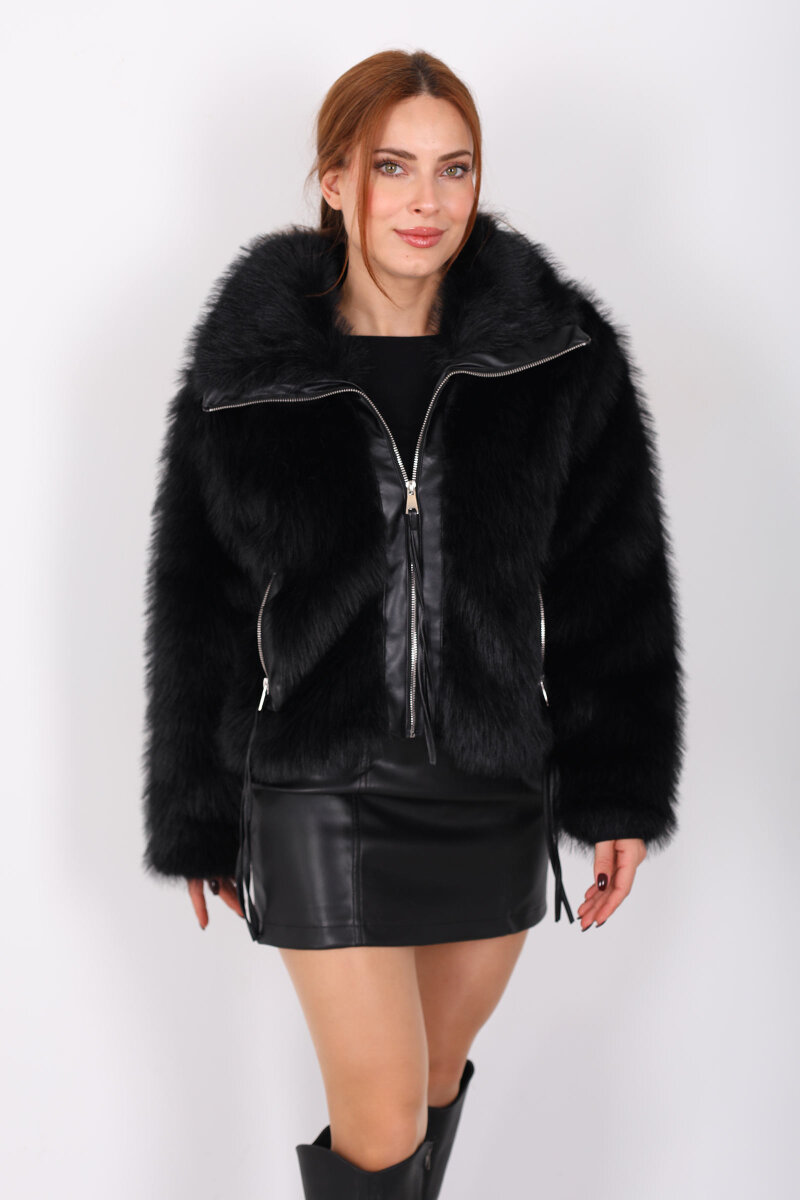 Çift Cepli Deri Garnili Siyah Kadın Lolita Mont - 5