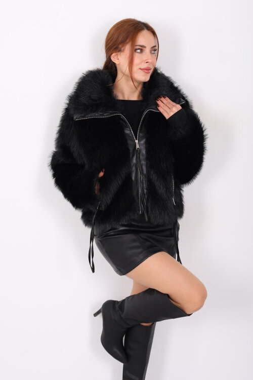 Çift Cepli Deri Garnili Siyah Kadın Lolita Mont - Berox