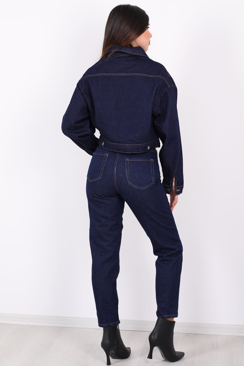 Çift Cepli Dikişli Crop Jean Koyu Buz Kadın Kot Ceket - 5