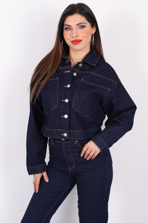 Çift Cepli Dikişli Crop Jean Koyu Buz Kadın Kot Ceket - 4