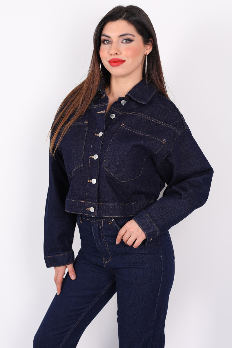 Çift Cepli Dikişli Crop Jean Koyu Buz Kadın Kot Ceket - 3