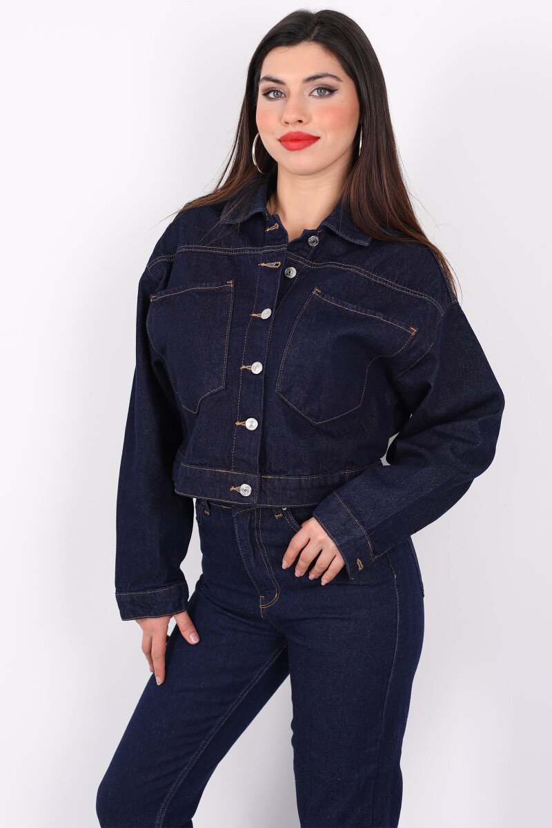 Çift Cepli Dikişli Crop Jean Koyu Buz Kadın Kot Ceket - 1