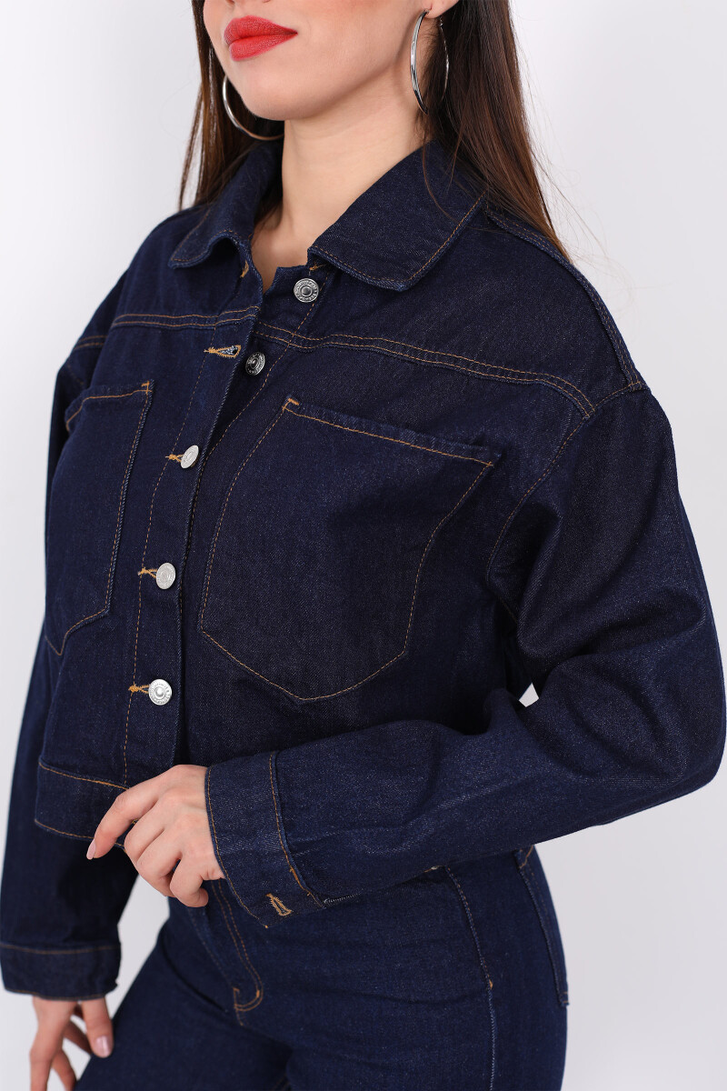 Çift Cepli Dikişli Crop Jean Koyu Buz Kadın Kot Ceket - 2