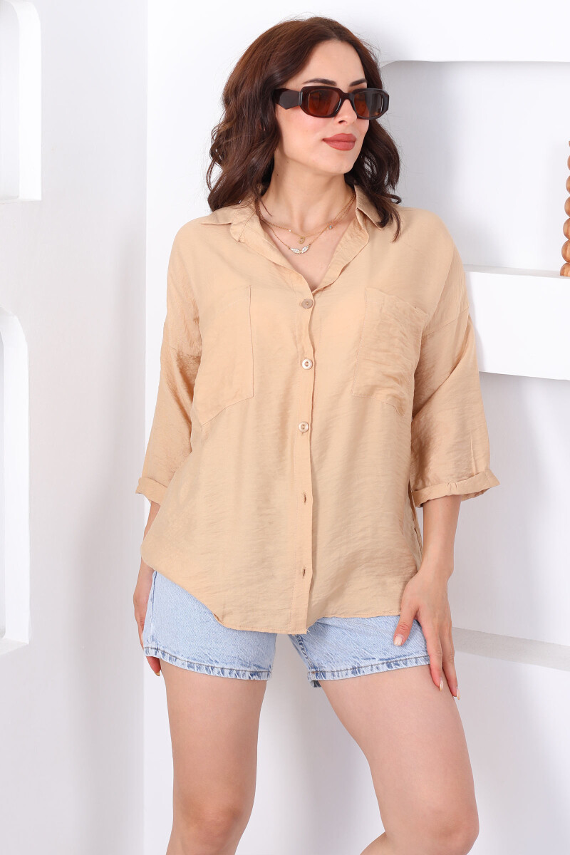 Çift Cepli Düğmeli Oversize Bej Kadın Gömlek - 3