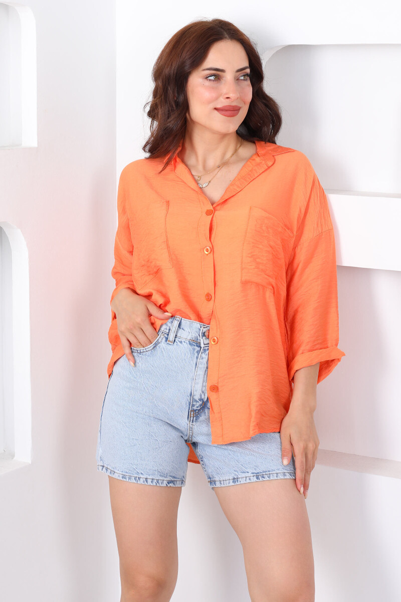 Çift Cepli Düğmeli Oversize Turuncu Kadın Gömlek - 1