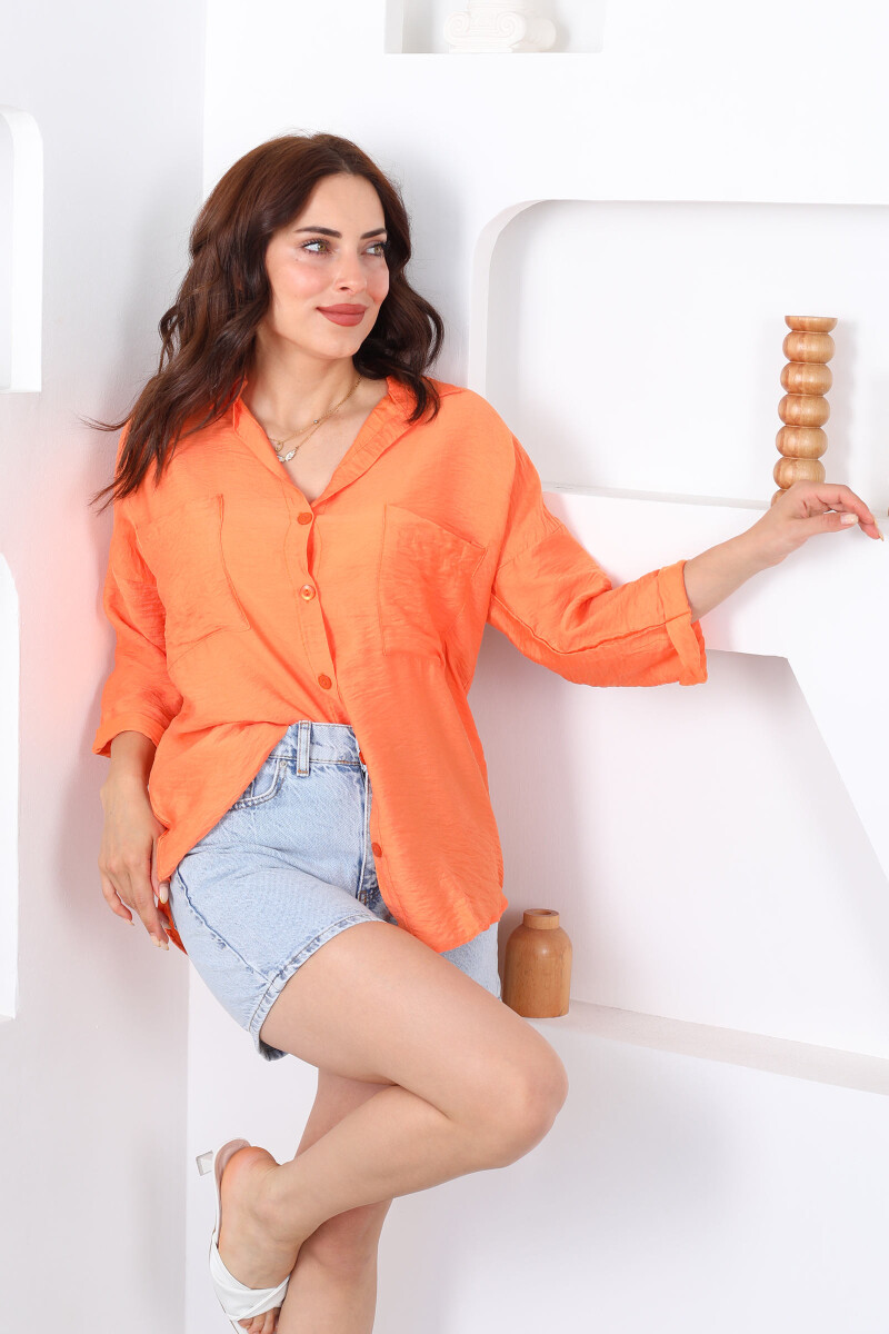Çift Cepli Düğmeli Oversize Turuncu Kadın Gömlek - 4
